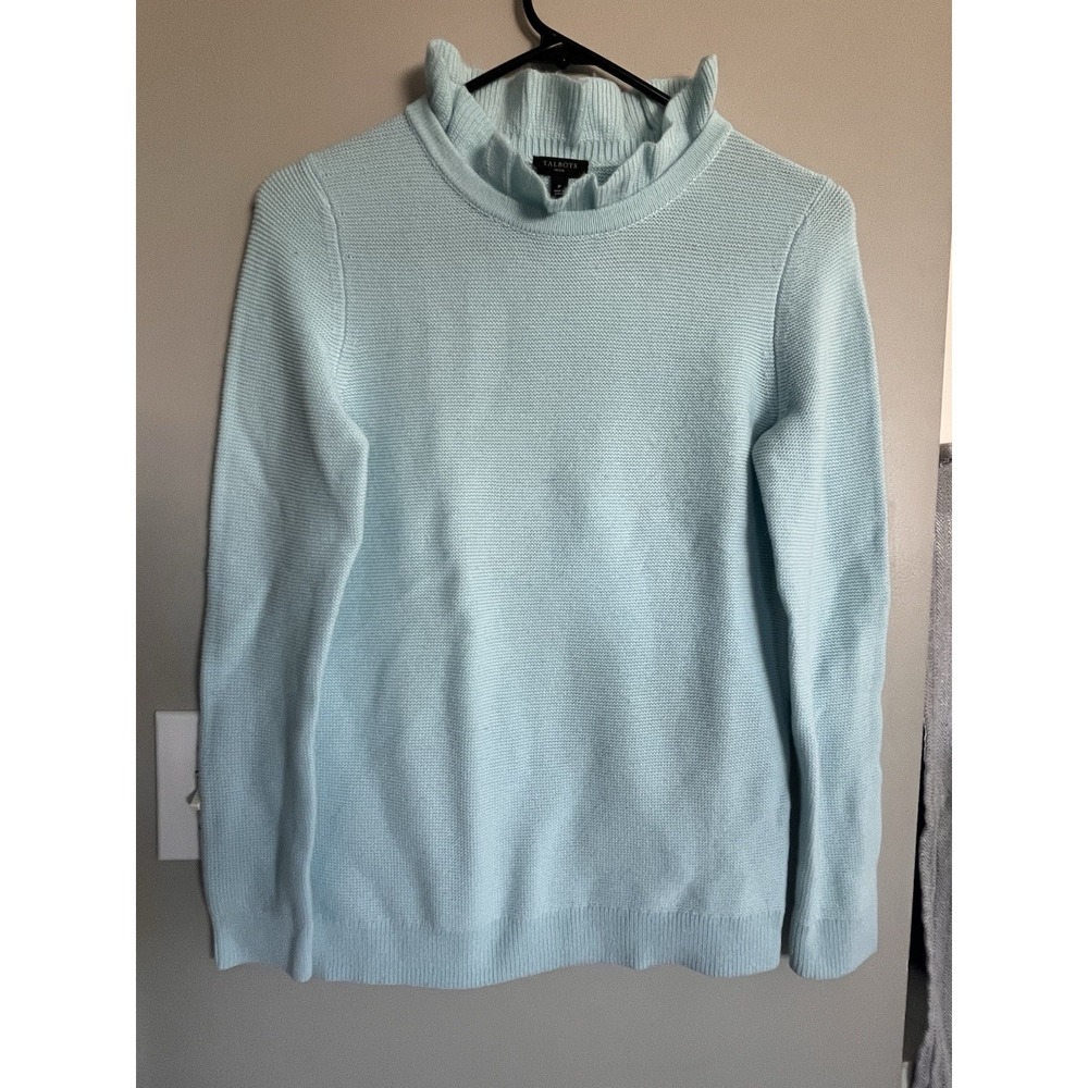 Talbots Sweater Petite Small Teal Aqua Blue Pullover Textured Ruffle Long Sleeve